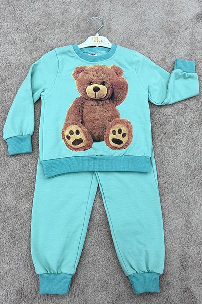 Baby Pink Unisex Children's Teddy Bear Printed Two Thread Combed Cotton Double Set