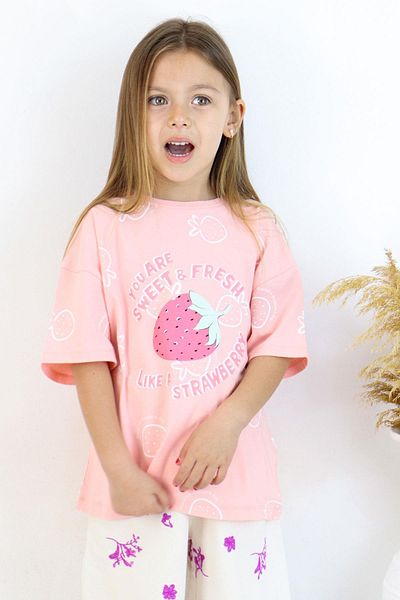 Breeze Tricou Crop Fetiță 6-12 Ani - Imprimat Căpșuni și Text, Somon