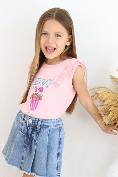 Breeze 4-8 Years Old Girl's Pink T-Shirt - Shoulder Ruffle and Ice Cream Print