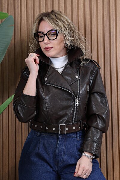 MİSLİNA BUTİK Kahve Deri Crop Ceket