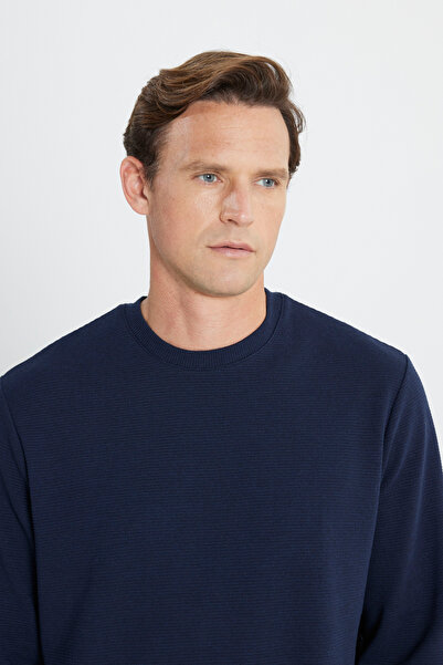 AC&Co / Altınyıldız Classics Ανδρικό μπλουζάκι με 2 κλωστές Navy Blue με ζεστή υφή, κανονική εφαρμογή, φούτερ με λαιμόκοψη