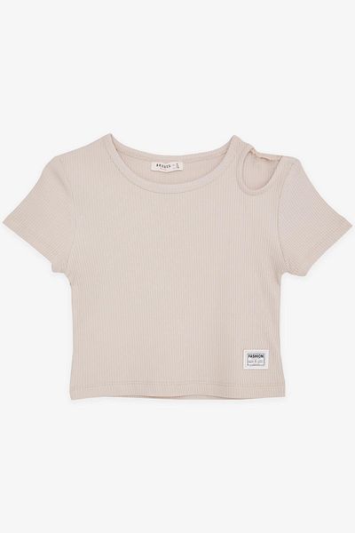Breeze Κοριτσίστικο Crop T-Shirt Off-the-Shoulder Λεπτομερές κοτλέ ηλικίας 9-14 ετών, μπεζ