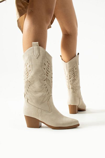 Moda Devrin Μπεζ λέιζερ Suede Western Long Cowboy Boots