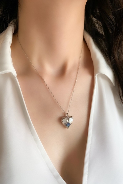 DEMOKAN Kadın Çelik Kolye Renkli Sedef Taş Kalp Kolye