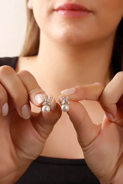 SUNSHINE 925 Ayar Gümüş ,İncili Çiçek Küpe