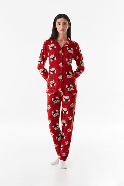Fulla Moda Teddy Bear Patterned Shirt Collar Suede Pajama Set