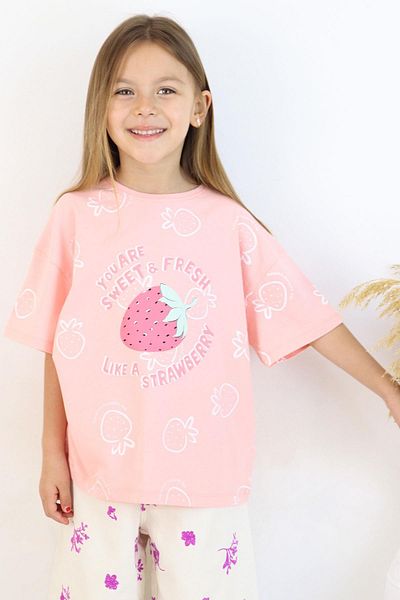 Breeze Tricou Crop Fetiță 6-12 Ani - Imprimat Căpșuni și Text, Somon