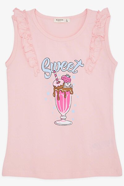 Breeze 4-8 Years Old Girl's Pink T-Shirt - Shoulder Ruffle and Ice Cream Print