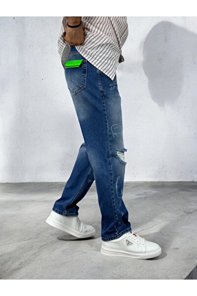 DENIM MAN Erkek Mavi Baggy Kalıp Baskı Yırtık Detaylı Jean Pantolon