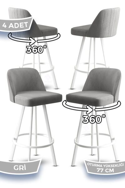 Canisa Atex Serisi 4 Adet Gri Bar Sandalyesi 360°c Döner Bar Sandalyesi Babyf...