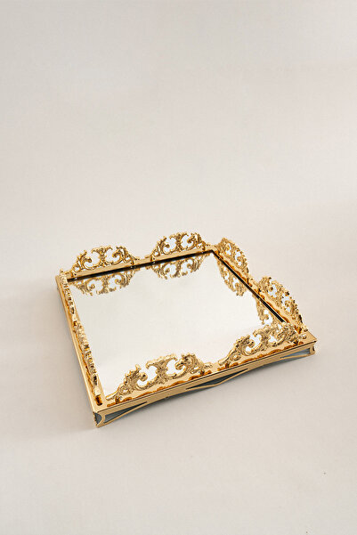 Nazik Home Elite Taç İşlemeli Kare Altın Orta Tepsi (37 x 37 cm)