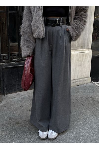 Laluvia Anthracite Grace Belted Wide Leg Trousers- 300001