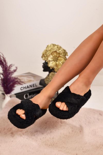 Peta Cross Band Soft Winter Plush House Slippers