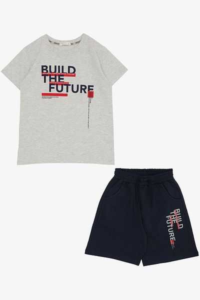 Breeze 8-14 Years Old Boy Shorts Set - Text Printed, Pocketed, Beige Melange
