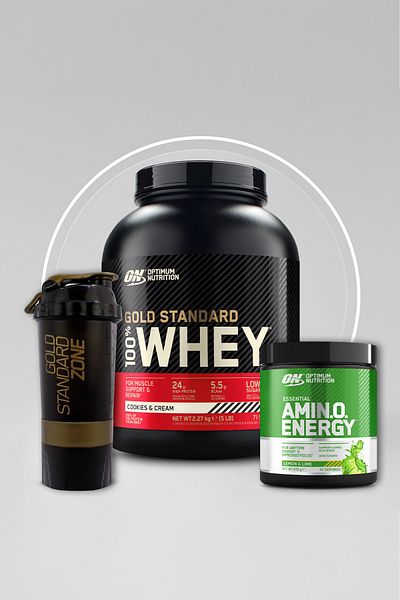 Optimum Nutrition 100% Whey Gs Cookie and Cream Flavor 2.27kg 71 Servings-On Amino Energy Lemon & Lime 270g 30 Servings
