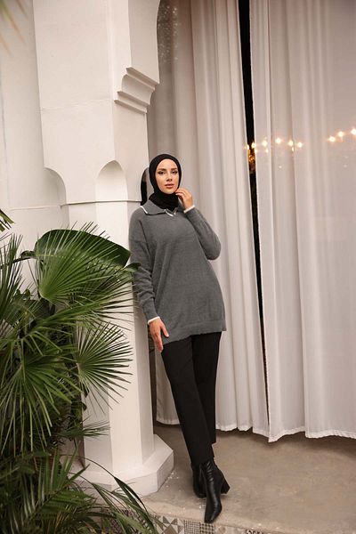 Nefise Striped Shirt Collar Tunic