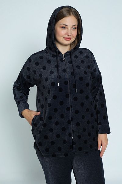 İntensive Print Navy Blue Plus Size Long-Sleeved Hooded Pocket Cotton Velvet Bottom Top Tracksuit Set