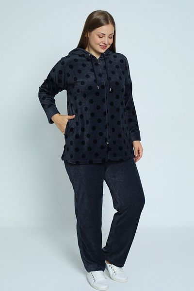 İntensive Print Navy Blue Plus Size Long-Sleeved Hooded Pocket Cotton Velvet Bottom Top Tracksuit Set