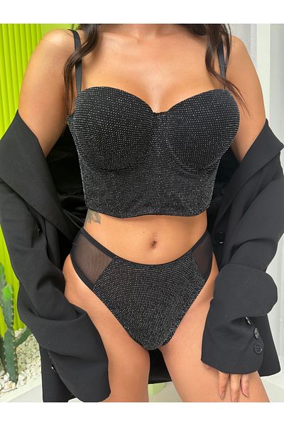 belse butik Σετ μπουστάκι Μαύρο Γκλίτερ - Με μπανέλες και στήριξη, Cansoy I