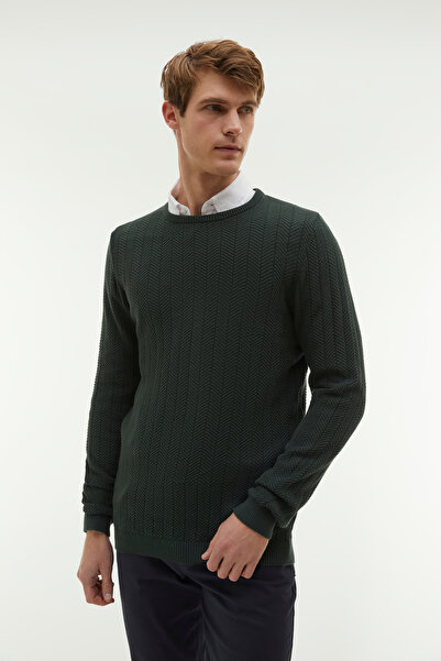 Mudo Men's Green Patterned Crew Neck Sweater