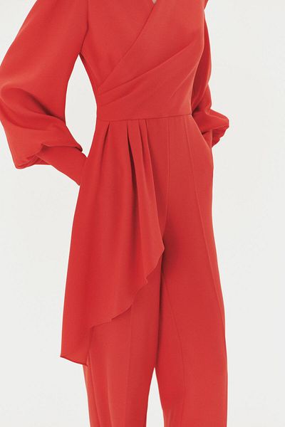 Exquise Double-Breasted Collar Red Jumpsuit