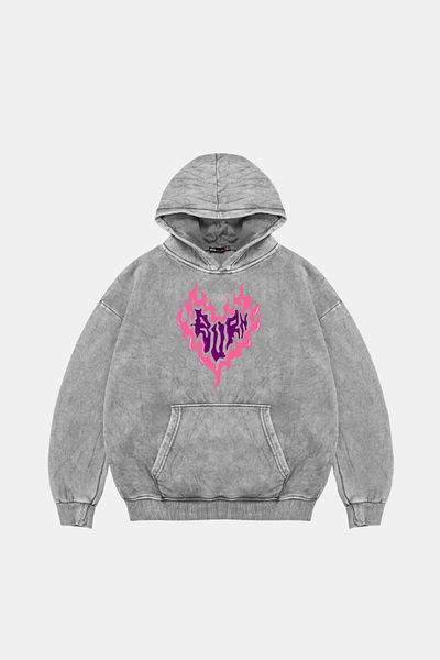 Sekizbiraltı Burn Heart Printed Oversize Unisex Premium Washed White Hoodie