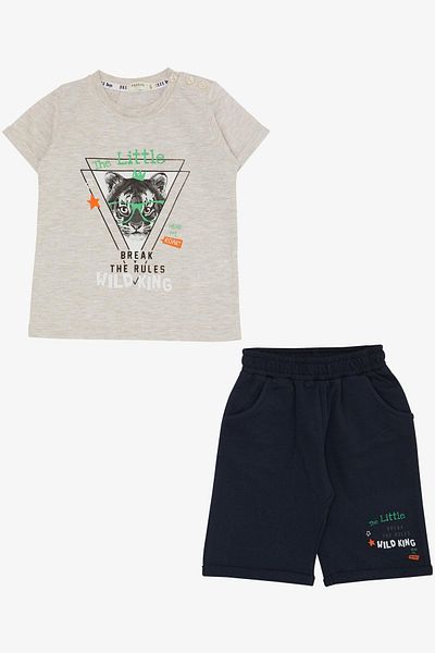 Breeze King Lion Printed Boy's Shorts Set - Age 1-4, Beige Melange