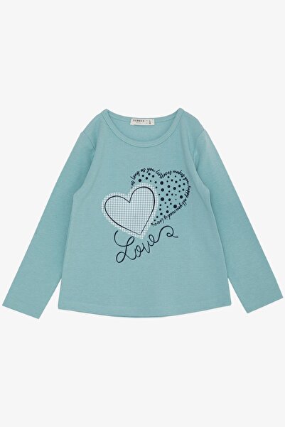 Breeze Kız Çocuk Uzun Kollu Tişört Yazlı Kalp Baskılı 3-8 Yaş, Su Yeşili