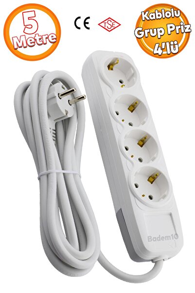 Badem10 4'lü Grup Priz - (5 METRE) Topraklı Grup Priz Fiş Çoğaltıcı Çoklu Uza...