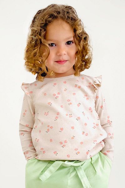 Breeze 2-6 Years Girl Beige T-Shirt - Long Sleeve, Flowers and Ruffles on the Shoulder