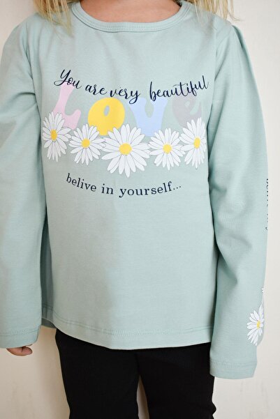 Breeze Κοριτσίστικο μακρυμάνικο μπλουζάκι με έγχρωμο κείμενο εμπριμέ λουλουδάτο ηλικίας 3-8 ετών, Aqua Green