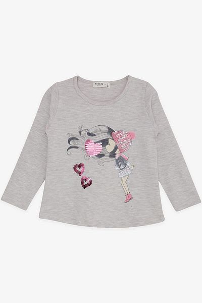 Breeze Beige Melange Girl's T-Shirt - Long Sleeve, Sequin Heart Print, 2-6 Years