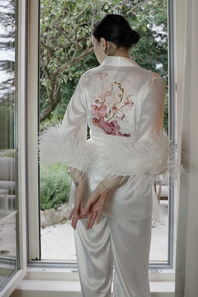 Mita Concept White Camel Bird Feather Chimono-Pant Suit