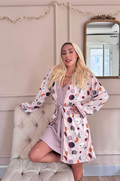 Pijamaevi Purple Aydede Patterned Thermal Nightgown Dressing Gown Women's Pajamas Set
