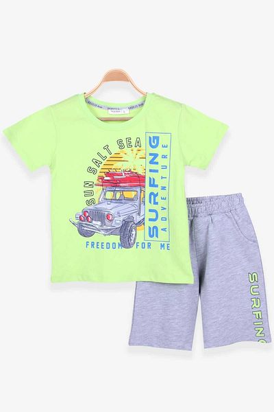 Breeze 5-10 Years Old Boy's Shorts Set - Car Print, Pistachio Green