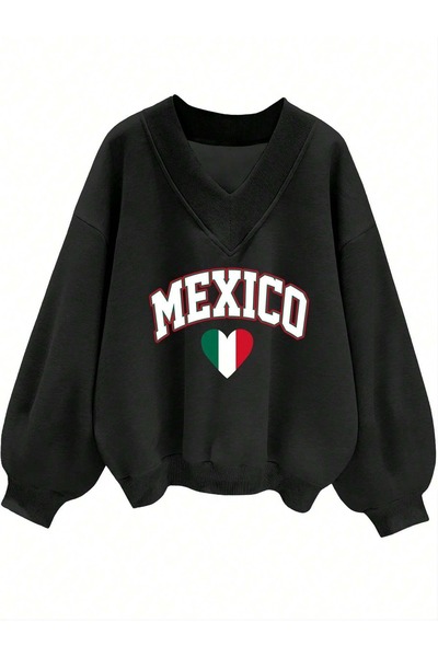 Know Kadın 3 Iplik Siyah Mexico Baskılı V Yaka Oversize Sweatshirt
