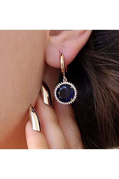 Takı Boom Lacivert Beyaz Zirkon Taşlı Yuvarlak Gümüş Küpe