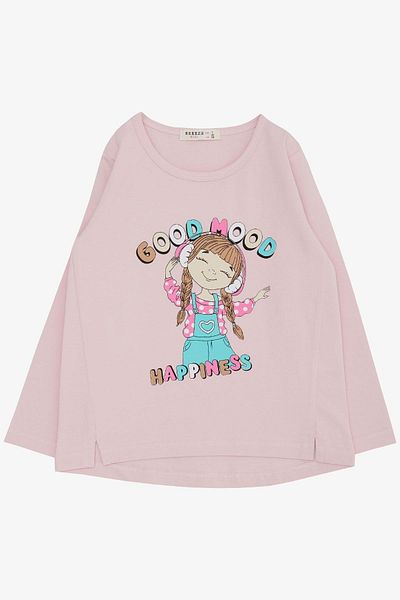Breeze Tricou cu mânecă lungă pentru fetiță Happy Girl Listening to Music imprimat 3-8 ani, roz