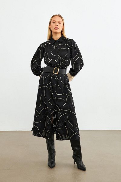 Setre Black Belt Detailed Long Sleeve Midi Length Patterned Shirt Dress