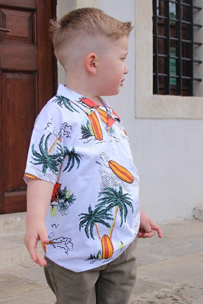 Jack Lions Boy's T-Shirt Summer Themed Palm Tree Patterned 1.5-5 Years, White