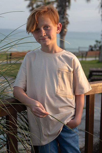 Breeze Girls & Boys Boy's T-Shirt with Pockets and Text Printed, Ages 9-14, Beige