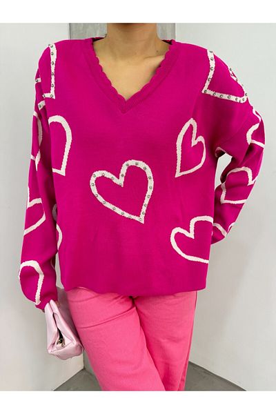 Modamorfo V-Neck Stone Knitwear Sweater -Fuchsia