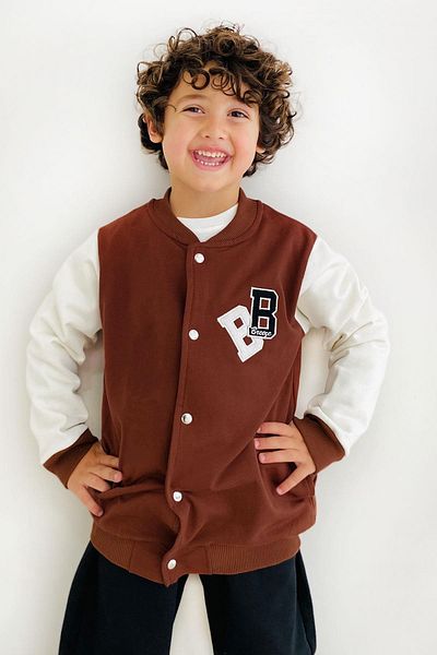 Breeze Boys' College Coat with Letter Embroidery and Snap Fasteners Age 3-7 Brown