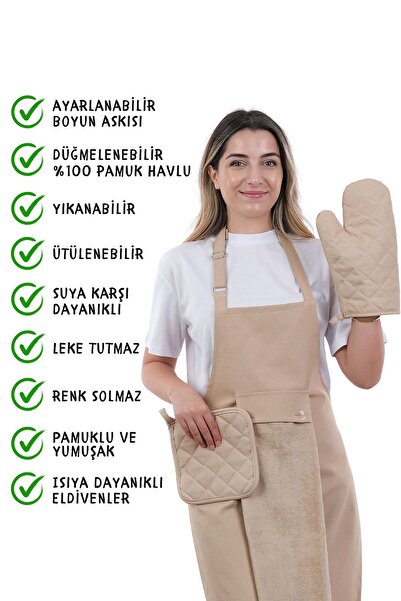 sevilya Star Ayar Askılı Havlulu 4lü Mutfak Önlüğü Seti (ELDİVEN TUTACAK)