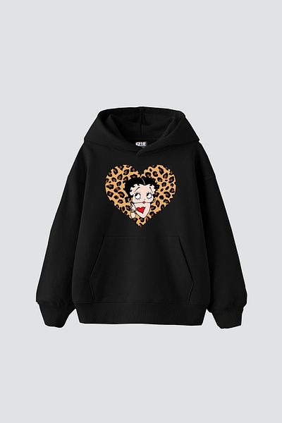 Sekizbiraltı Betty Boops Printed Oversize Unisex Premium Μαύρο κουκούλα