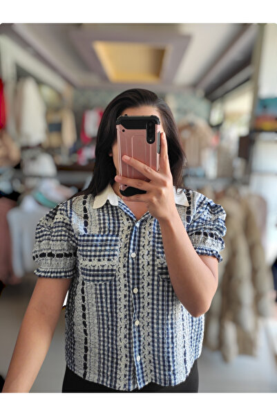 Sublime Butik Cămașă de damă albastră cu mânecă scurtă cu model etnic