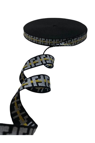 KumaşEvi 2 cm Woven Ribbon - with Black White and Yellow Pattern, Fashion Bag Accessory, for Home Decor Crafts (1m)