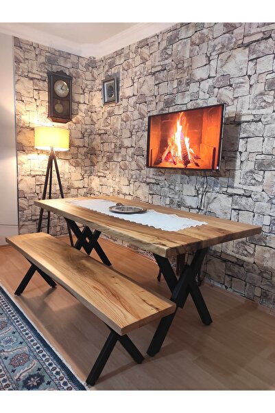 KÜTÜK MOBİLYA DİZAYN 180x90 KESTANE AĞACI DOĞAL RENK KÜTÜK MASA VE 180x35 BANK