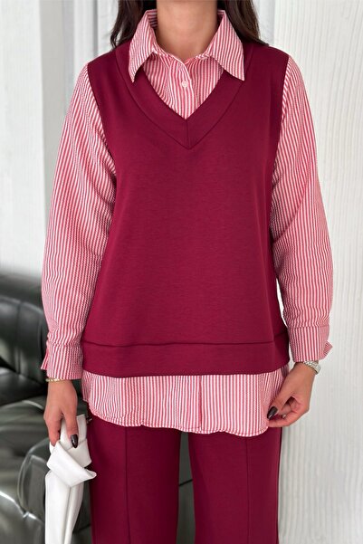 Ded COLLECTION Women's Self-Pullover Long Sleeve Striped Shirt Modal Comfortable Suit