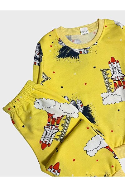 ALİŞ KİDS Erkek Çocuk Pamuklu Şardonlu Sarı Astronot Füze Desenli Uzun Kollu Pijama Takımı